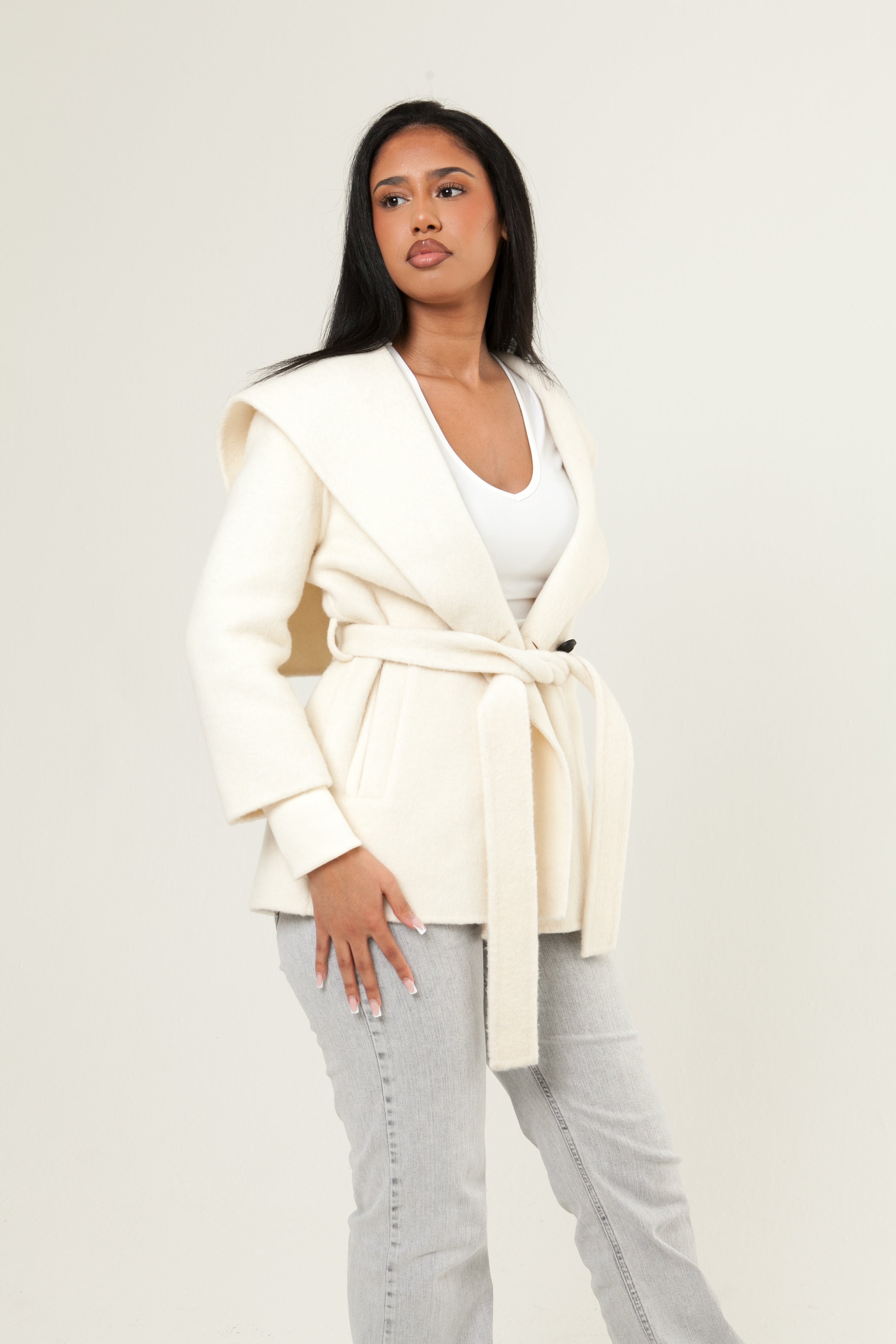 Shawl Collar Cashmere Coat - White