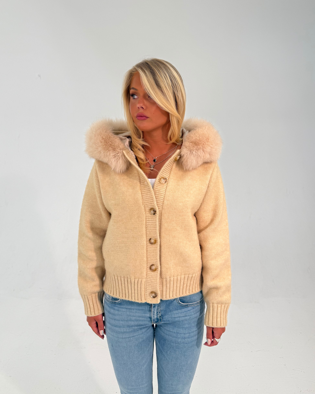 Button Up Fur Jacket - Beige