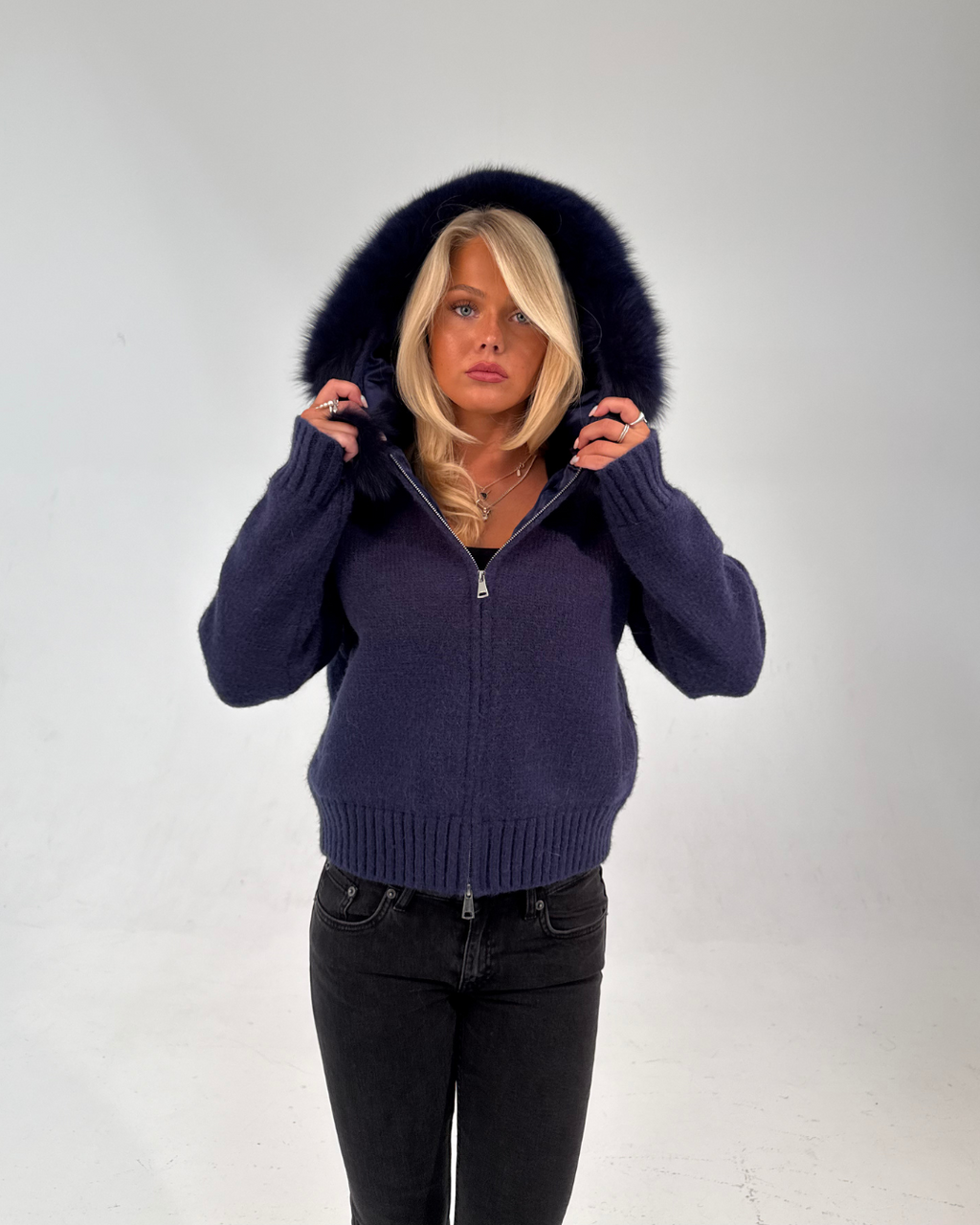 Fur Jacket Satin - Navy Blue