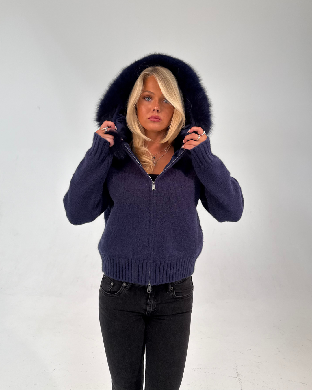 Fur Jacket Satin - Navy Blue