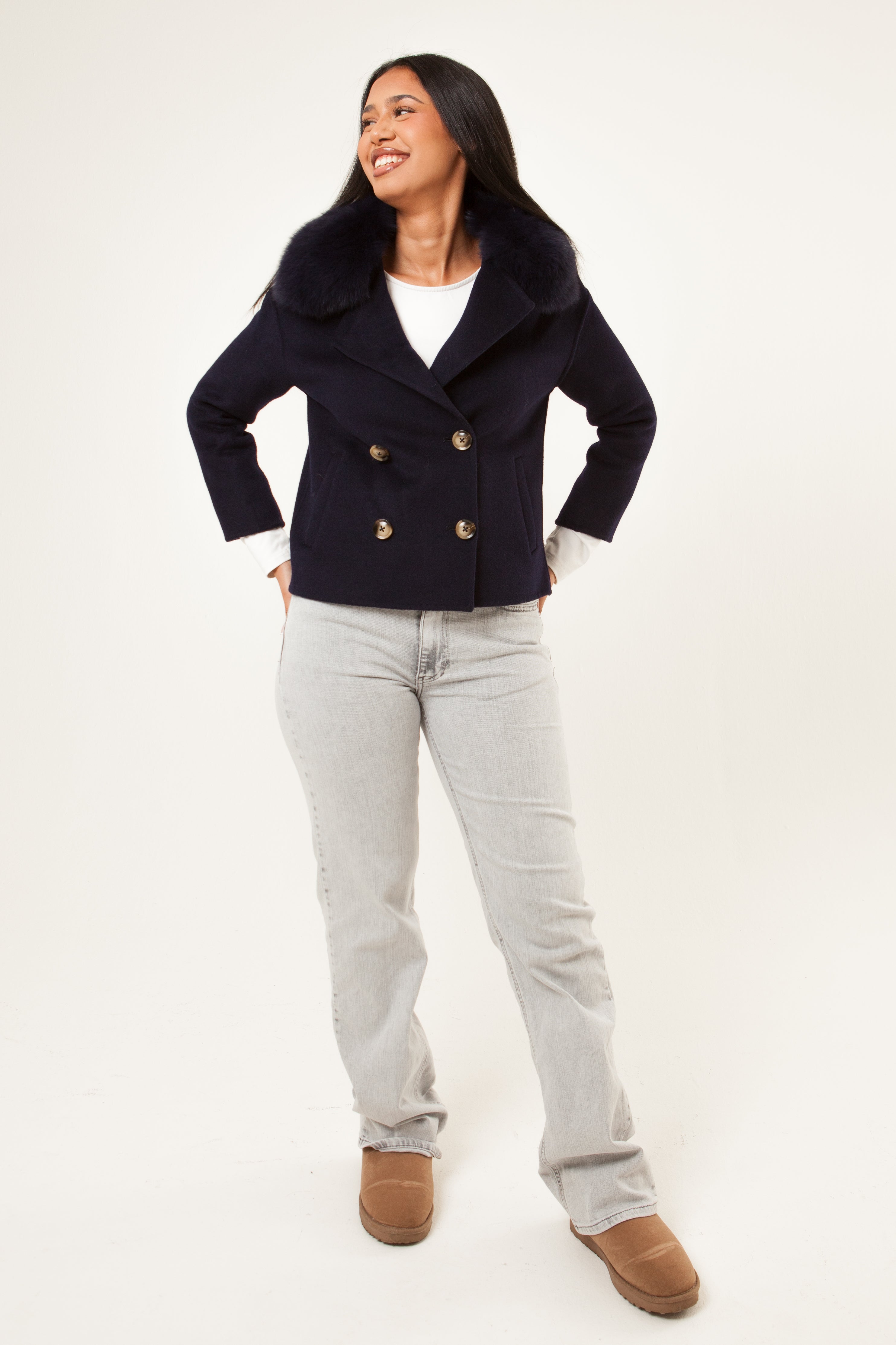 Double Button Cashmere Coat - Navy