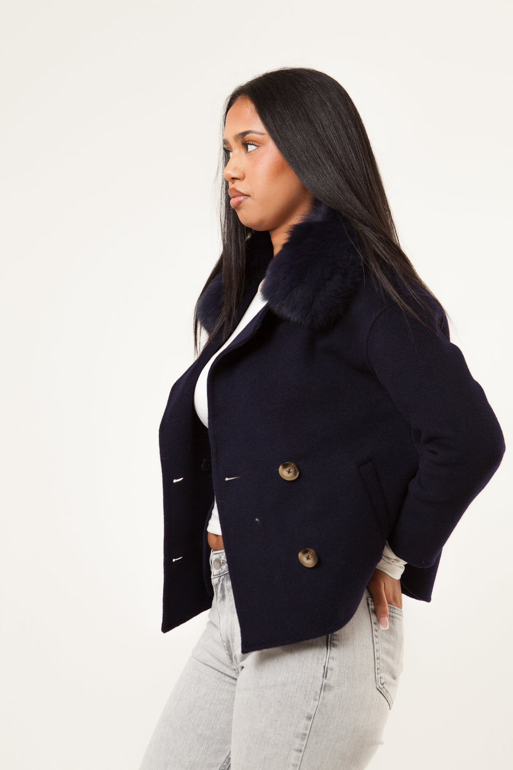 Double Button Cashmere Coat - Navy
